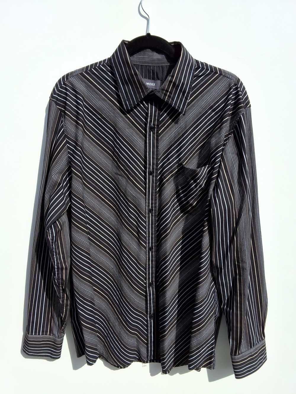 Vintage Mexx Black/Tan Diagonal Striped Men's Long-Sleeve Button-up Dress Shirt